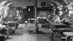 World War 1 soldiers in a hut at Brindley camp